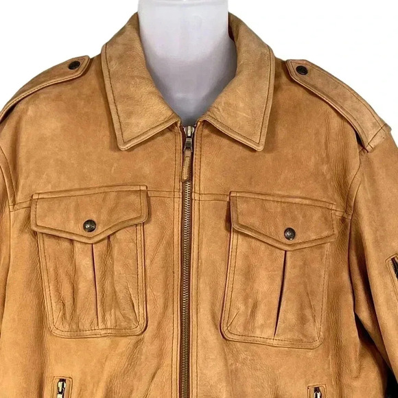 Roundtree & Yorke Mens L Genuine Leather Bomber Jacket Tan Diamond Quilted Liner - Picture 6 of 16